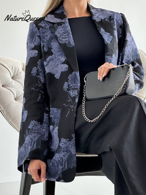 Floral-print Button-down Linen Blazer