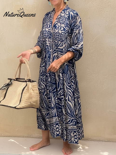 Elegant Shiny Floral Print V-neck Midi Cotton Dress