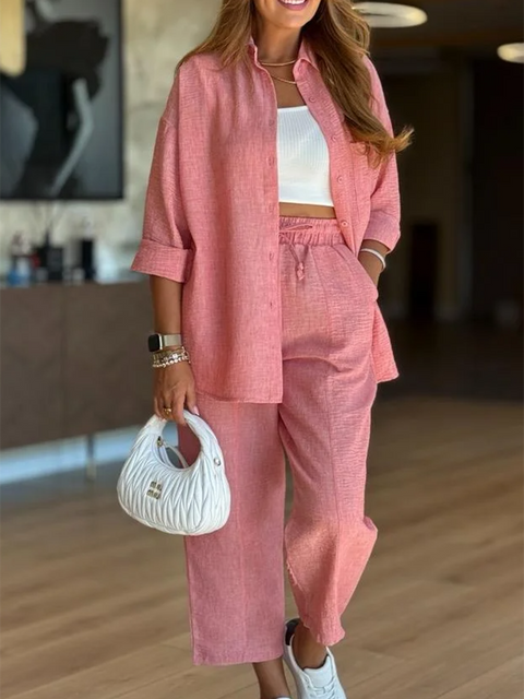 Women's Casual Shirt and Pants Cotton Two-piece Suit