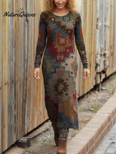 Women's Retro Contrast Color Totem Print Stretch Knit Dress