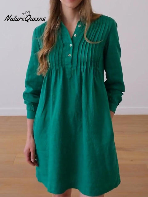 Women's Accordion Pleated Button Long Sleeve Linen Dress