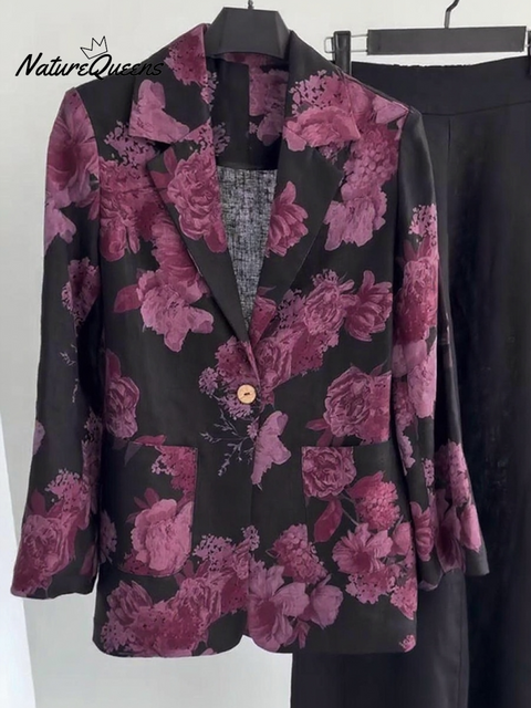 Floral-print Button-down Linen Blazer