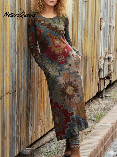 Women's Retro Contrast Color Totem Print Stretch Knit Dress