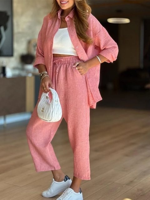 Women's Casual Shirt and Pants Cotton Two-piece Suit