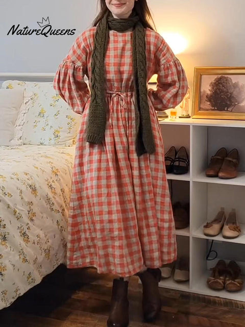 Women's Retro Loose Plaid Waist Drawstring Linen Dress
