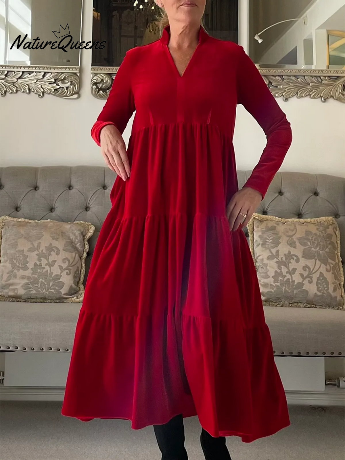 Women's Elegant Velvet V-Neck A-Line Midi Dress