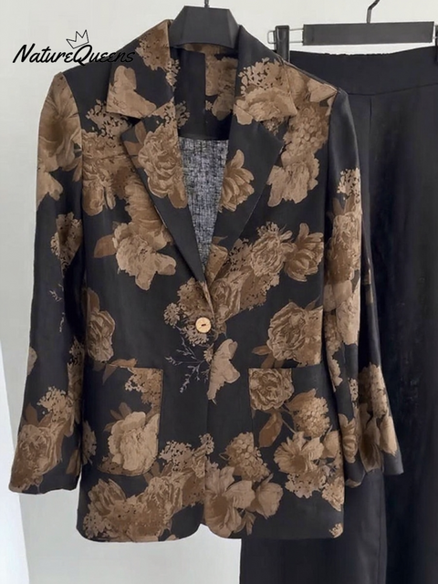 Floral-print Button-down Linen Blazer