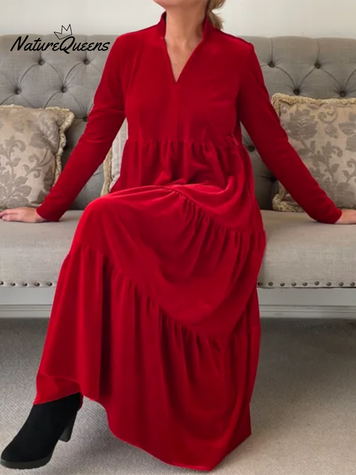 Women's Elegant Velvet V-Neck A-Line Midi Dress