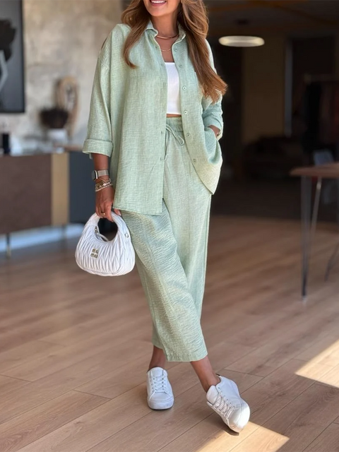 Women's Casual Shirt and Pants Cotton Two-piece Suit