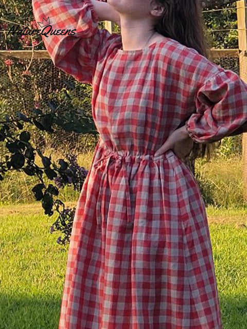 Women's Retro Loose Plaid Waist Drawstring Linen Dress