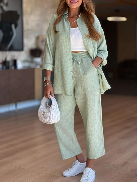Women's Casual Shirt and Pants Cotton Two-piece Suit