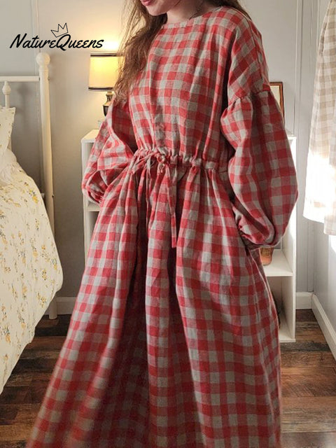 Women's Retro Loose Plaid Waist Drawstring Linen Dress