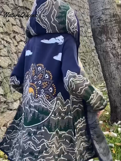 Retro Snow Mountain Totem Print Knitted Hooded Cardigan