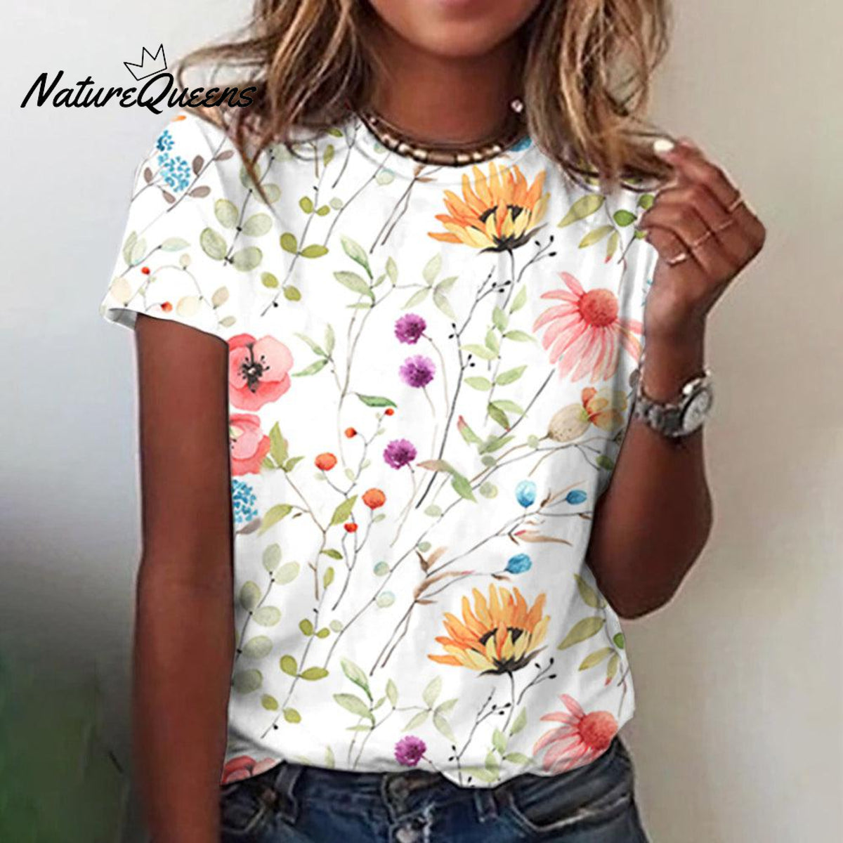 Romantic Short Sleeve Print Top White / S