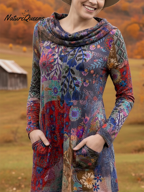 Women's Boho Boat-Shaped Collar Floral Print Stretch Top