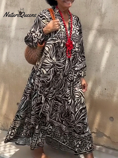 Elegant Shiny Floral Print V-neck Midi Cotton Dress