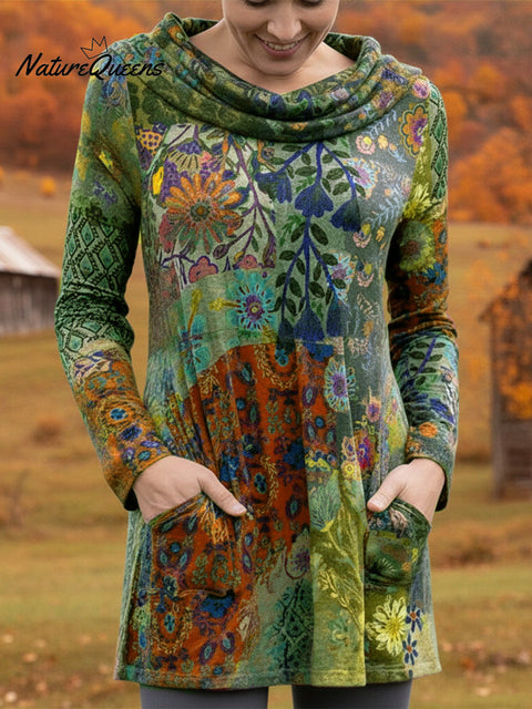 Women's Boho Boat-Shaped Collar Floral Print Stretch Top