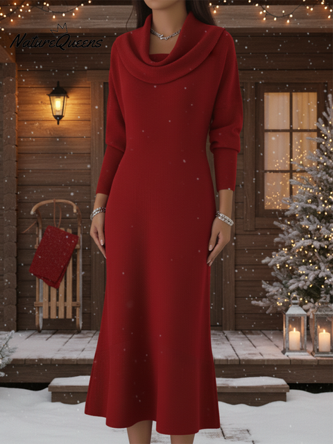 Women's Elegant Draped Collar Knitted Fishtail Midi Dress