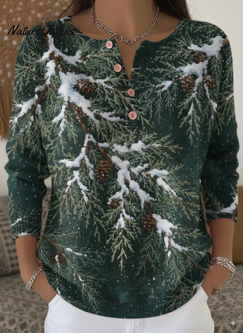 Women's Cozy Cedar Print Henley Neck Sweater Top