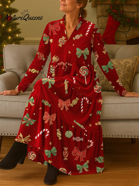 Women's Cute Candy Bow Print Velvet V-neck Midi Dress