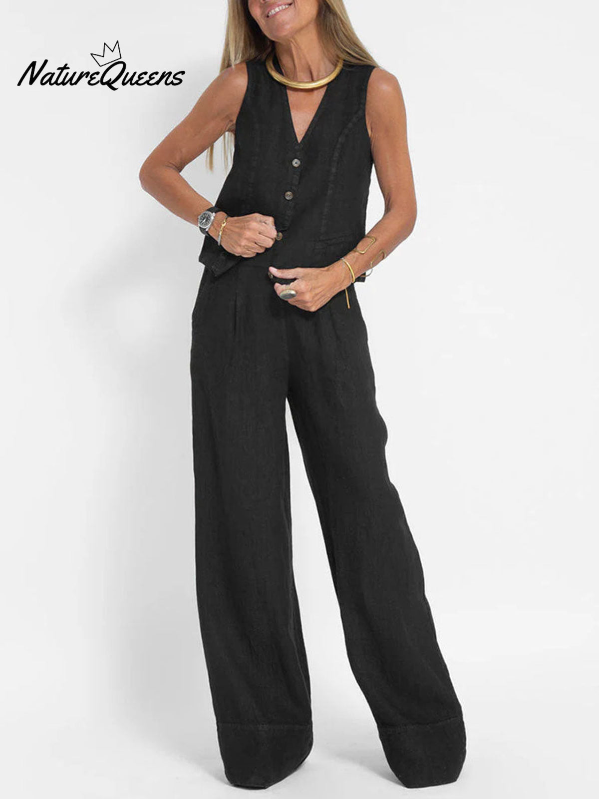 Women's Fashion Solid Color Vest Trousers Collage Stitching Cotton and Linen Casual Suit