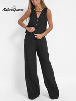 Women's Fashion Solid Color Vest Trousers Collage Stitching Cotton and Linen Casual Suit
