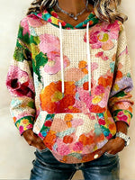 Women's Winter Retro Floral Print Waffle Knit Hooded Top