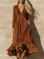 Women's Vintage Elegant Brown Velvet Maxi Dress With Ruffled Hem