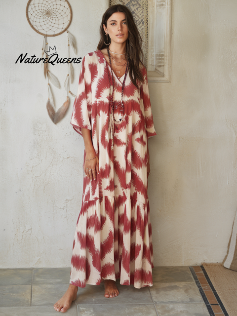 Linen Printed Kaftan Maxi Dress