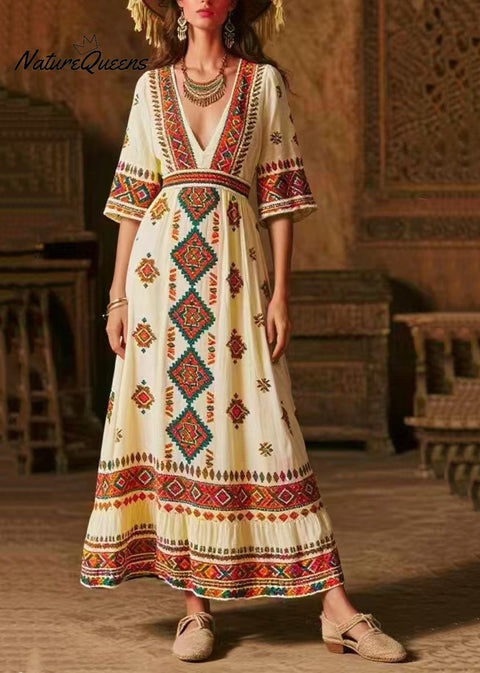 Italian White V Neck Print Chiffon Maxi Dress Half Sleeve