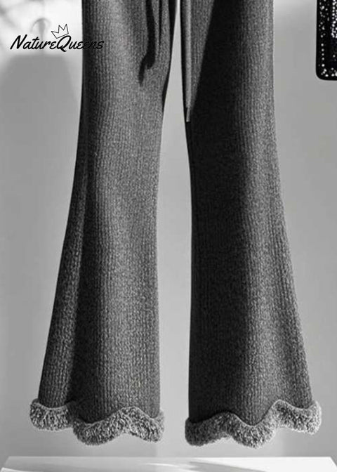 Women Grey Cozy Elastic Waist Knit Flared Trousers Fall