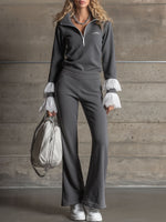 Sporty Retro Lace Embroidery Dark Gray Cotton Blend Long-Sleeve Sweatshirt And Flared Pants Set