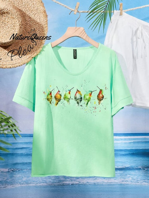 Jfn Cotton & Linen Watercolor Hummingbirds Print Lounge Top