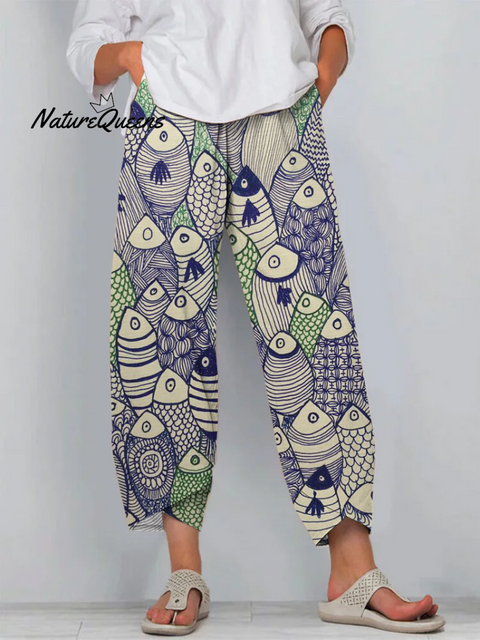 Fun Fish Art Cropped Casual Pants