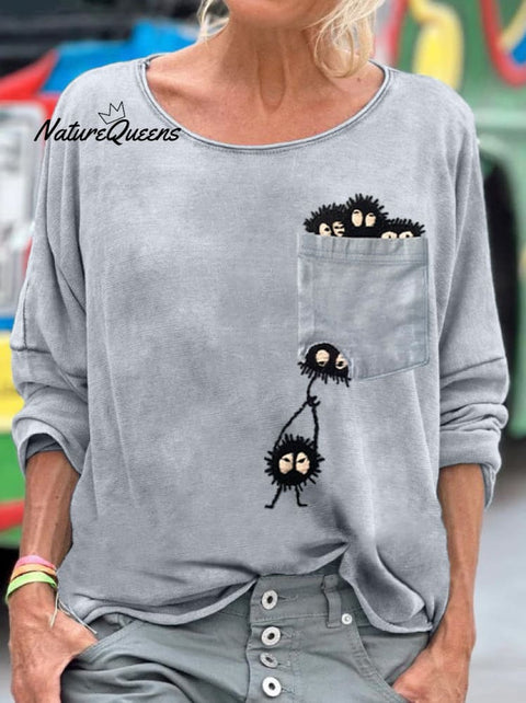 Women's Funny Soot Sprites Embroidered Long Sleeve T-shirt