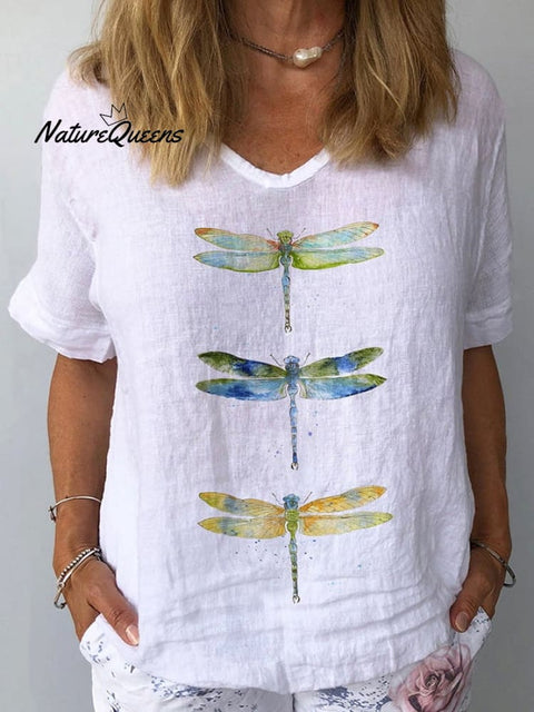 Women’s Watercolor Dragonfly Print Cotton Linen Shirt White / S