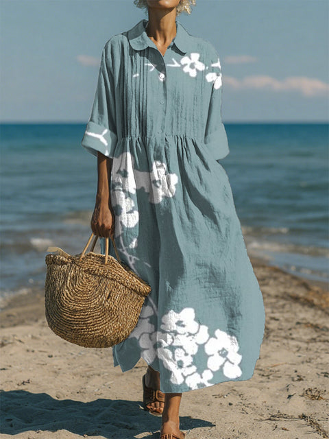 Women's Casual Cotton-Linen Peter Pan Collar 3/4 Sleeve Dress