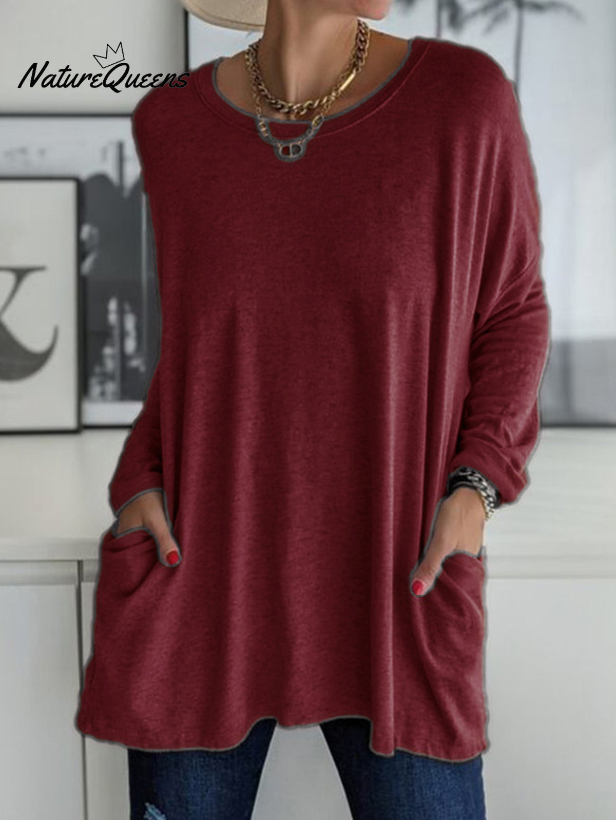 Casual Crew Neck With Pockets Loose Long Sleeve Blouse Claret / S