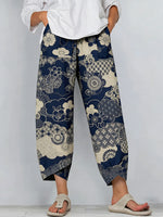 Japanese Cloud Floral Full-print Linen Casual Trousers