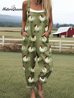 Women's Roosters Embroidery Pattern Casual Cotton Wide Leg Jumpsuit
