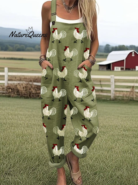 Women's Roosters Embroidery Pattern Casual Cotton Wide Leg Jumpsuit