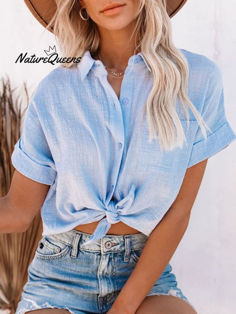 Women’s Cotton Linen Short Sleeves Ladies Lapel Buttoned Shirt Light Blue / S