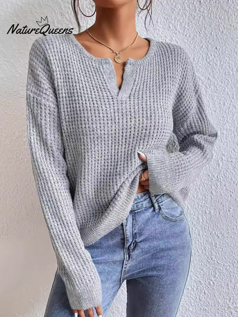 Women'S Solid Color V-Neck Casual Sweater