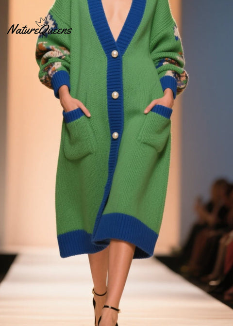 Beautiful Green V Neck Print Button Knit Loose Coat Winter