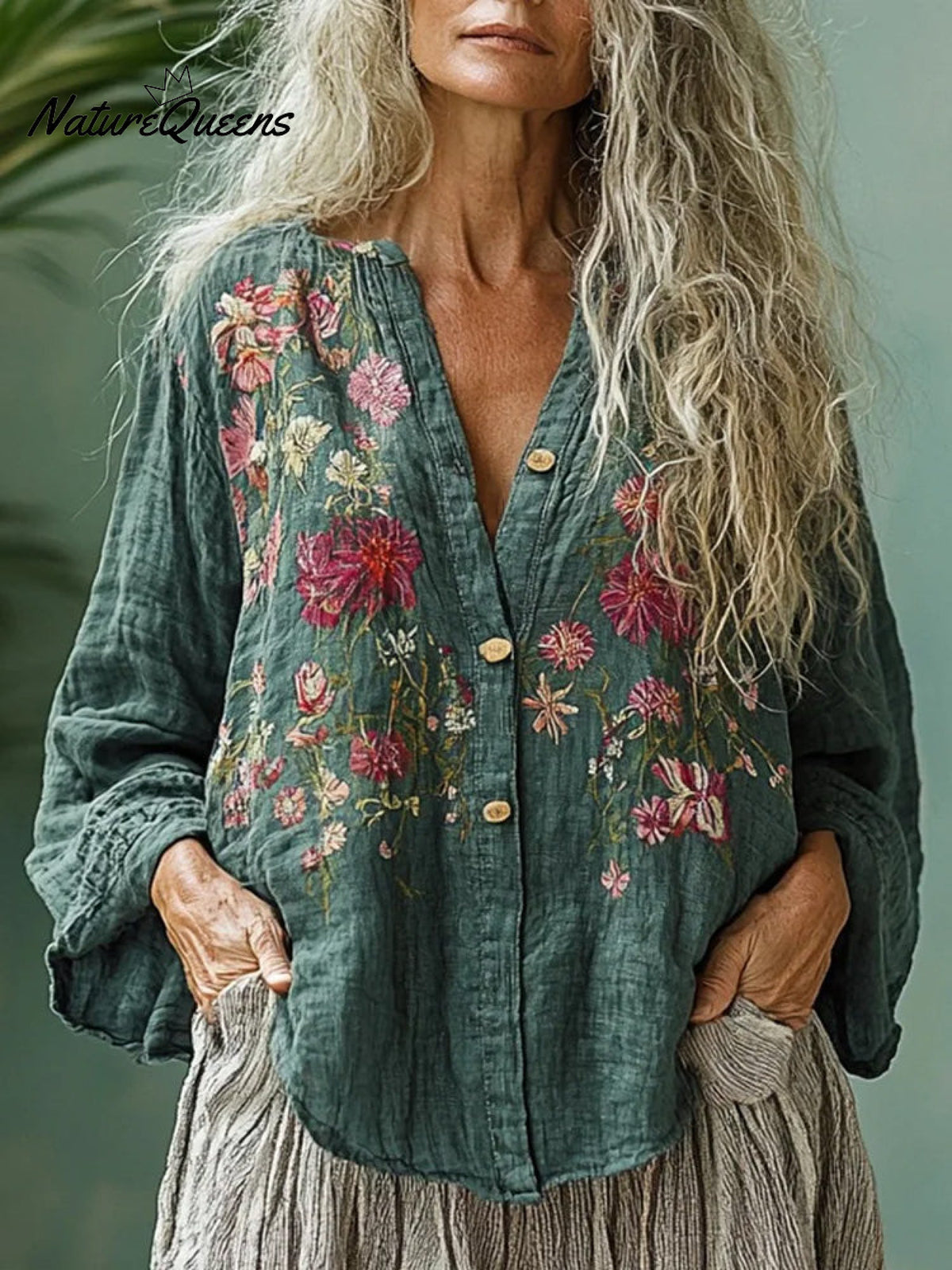 Women's Linen Bohemian Flower Printed Casual Long-sleeve Top Shirt