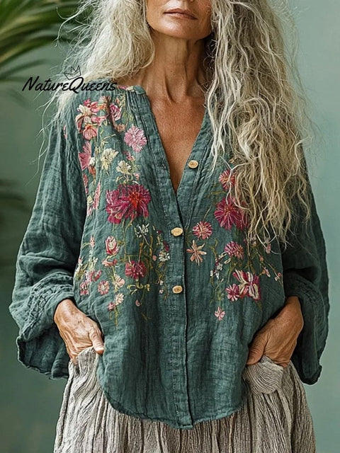 Women's Linen Bohemian Flower Printed Casual Long-sleeve Top Shirt