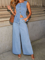 Denim Button Sleeveless Vest & Wide Leg Jeans 2Pcs Set