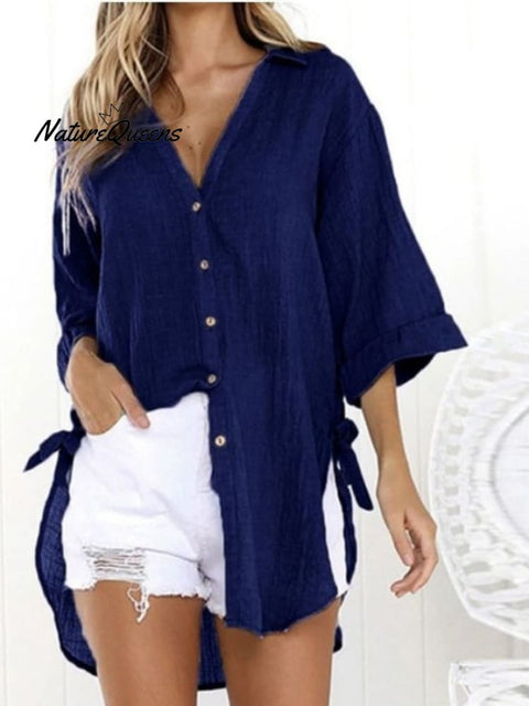 Ladies Cotton Linen Irregular Casual Shirt