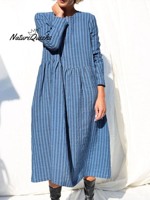 Women's Casual Solid Color Round Neck Long Sleeve Striped Print Dress