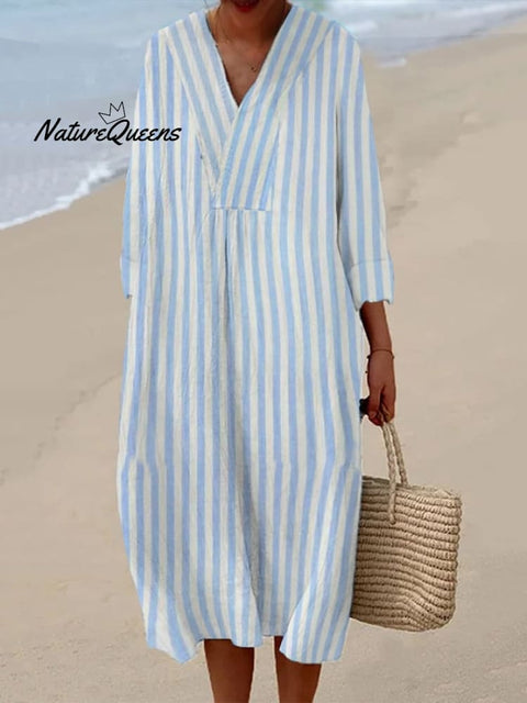 Women's Casual Cotton And Linen Striped Long-Sleeved Dress